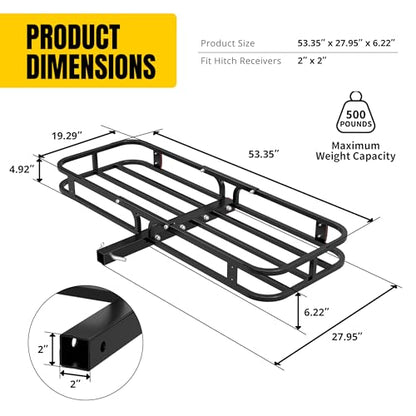 MaxxHaul 70107 53" x 19-1/2" Hitch Cargo Carrier - Trailer Mount Steel With High Side Rails For RV's, Trucks, SUV's, Vans, Cars 2" Receiver 500-lb Load Capacity , Black