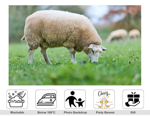 12x8ft Fabric White Wool Sheep Backdrop Green Grass Dry Leaf Blurred Garden Wildlife Photography Tapestry Party Pasture Decorations Photo Booth Props - size: 12x8ft