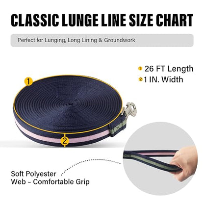26FT Horse Lunge Line, Multi-Use Training Leash, Equine Lunge Rope - color: Navy Blue/Light Pink
