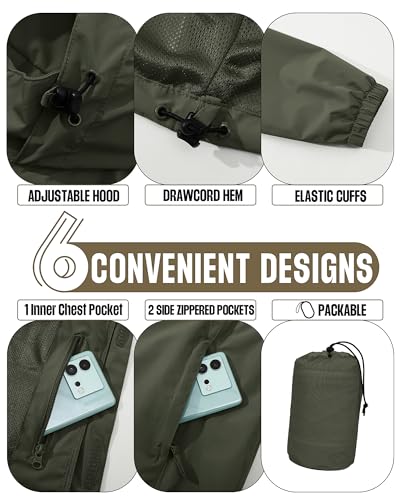 33,000ft Men's Waterproof Rain Jacket Packable Lightweight Hood Rain Shell - color: Dark Green, size: Medium