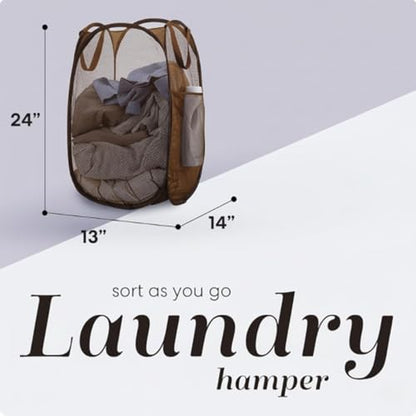 Handy Laundry Collapsible Mesh Pop Up Laundry Hamper with Side Pocket - color: Brown, 1-PACK