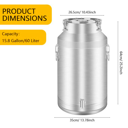 304 Stainless Steel 60 Liter Milk Can Milk Bucket Wine Pail Bucket with Spigot 15.85 Gallon Milk Can Tote Jug with Sealed Lid Heavy Duty for Milk and Wine (60L) - size: 60L