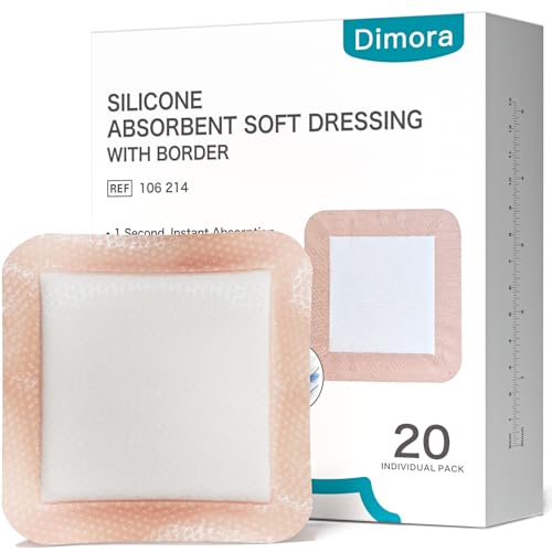 Dimora 20 Count Silicone Super Absorbent Wound Dressing - Gentle Border 5" x 5" Adhesive Bandages for Diabetic Foot Ulcers, Heavy Exudate Wound Care Pads with Ultrasorb Polymer - size: 5"x 5" - 20 pcs