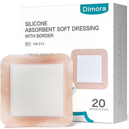 Dimora 20 Count Silicone Super Absorbent Wound Dressing - Gentle Border 5" x 5" Adhesive Bandages for Diabetic Foot Ulcers, Heavy Exudate Wound Care Pads with Ultrasorb Polymer - size: 5"x 5" - 20 pcs