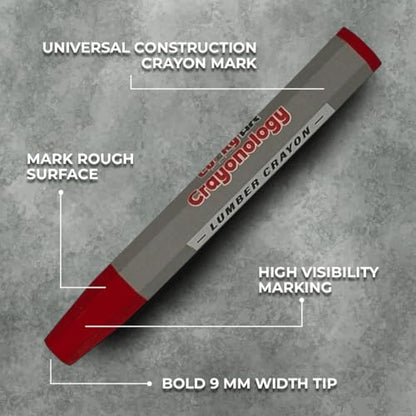 Lumber Crayons – Red, Pack of 12 | Hexagonal Construction Marking Crayons for Wood, Concrete, Asphalt, Metal | Durable, Smudge-Free, Break-Resistant - color: Red