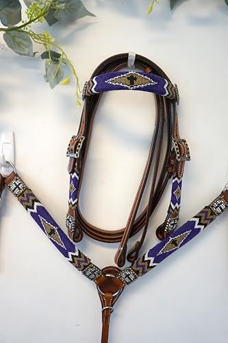 Pony Leather Headstall and Breast Collar Set Color Beaded with Gold & Black Beaded Overlay and Cross - color: Purple