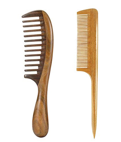 Louise Maelys 2 Pack Wooden Hair Combs, Wide Tooth And Tail Comb - color: Wide tooth + tail comb