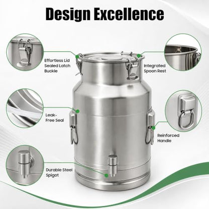 15L/4Gal Milk Can with Spigot, Water Beverage Dispenser Pail | Food Grade Bulk Storage Container, Commercial Liquid Dispenser with 3 Clips for Milk Wine Water Oil
