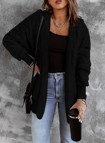 Dokotoo Womens 2025 Winter Long Sleeve Solid Fuzzy Fleece Open Front Hooded Cardigans Jacket Coats Outerwear with Pocket - color: A Black, size: X-Large