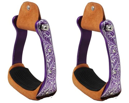 CHALLENGER Horse Western Black Engraved Rhinestone Barrel Racing Aluminum Show Stirrups 51179v - color: Purple, size: 4-3/4" Width, 4-3/4" Height
