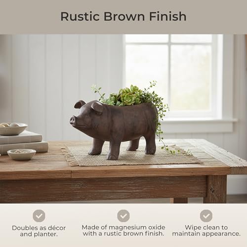 Zeckos Pig Planter 17 Inch Rustic Brown Smiling Garden Pot | Magnesium Oxide, Weather-Resistant, 8 by 5 by 5 Inch Interior for Succulents, Herbs, Or Grasses - color: Pig - Brown