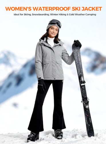 wantdo Women's Waterproof Ski Jacket Warm Fleece Lined Snow Winter Coat | 10000mm Waterproof Snowboard Jacket for Skiing, Hiking, Commute, Removable Hood, 6 Pocket, Windproof Warm -10°F to 50°F - color: Gray, size: Medium