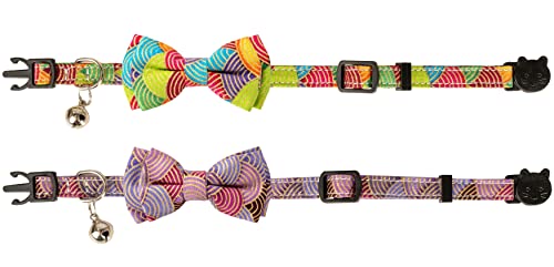 Collar for Cat Pet Breakaway with Bell Bowtie Detachable Bow Adjustable Safety Kitten Puppy Girl Boy 2pcs Kimono-Green & Purple - color: Kimono-Green & Purple