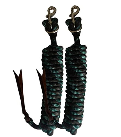 Majestic Ally 14' Pack of 2 Poly Training Lead Rope with Leather Popper for Horses & Livestock – 14 Foot Long and 5/8 inch Thick - Replaceable Heavy-Duty Bolt Snap (Turquoise-Gray-Black) - color: Turquoise-Gray-Black