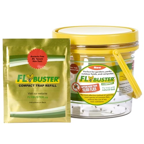 Flybuster Fly Trap | Outdoor Device for Catching Flies | 1-Liter Compact Size | Comes with One Flytrap and 1 Bait Packet | 10,000 Fly Capacity | Non-Toxic | Child & Pet Safe - size: Compact (1-Pack)