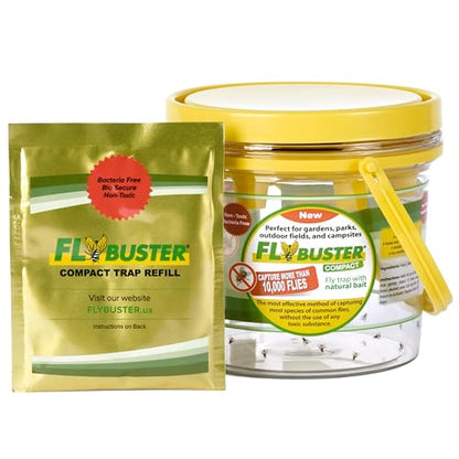 Flybuster Fly Trap | Outdoor Device for Catching Flies | 1-Liter Compact Size | Comes with One Flytrap and 1 Bait Packet | 10,000 Fly Capacity | Non-Toxic | Child & Pet Safe - size: Compact (1-Pack)