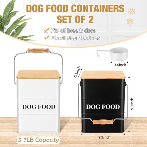 Tioncy 2 Pcs Metal Dog Food Storage Containers Total 10-14 Lbs (50 Cup) Capacity, Airtight Pet Food Canister with Bamboo Lids Scoop DIY Labels Dog Treat Storage Jars for Kitchen Counter(Black，white) - color: Black+White