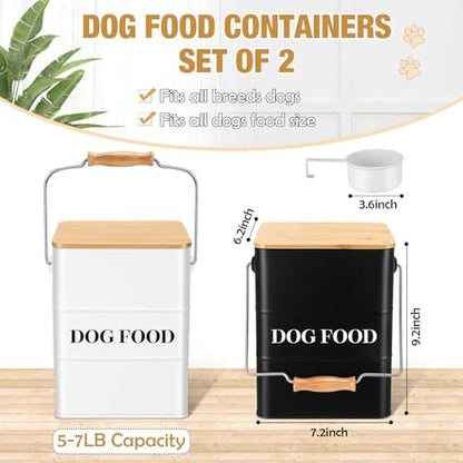Tioncy 2 Pcs Metal Dog Food Storage Containers Total 10-14 Lbs (50 Cup) Capacity, Airtight Pet Food Canister with Bamboo Lids Scoop DIY Labels Dog Treat Storage Jars for Kitchen Counter(Black，white) - color: Black+White
