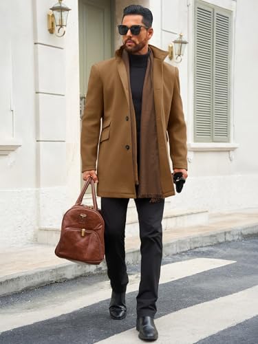 Runcati Mens Pea Coat Single Breasted Mid Long Trench Coat Overcoat | Slim Fit, Stand Collar, Fall Winter, Jacket, Pocket, Warm, Casual, Dress, Business, Christmas Gift - color: Brown, size: Medium