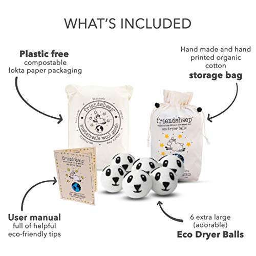 Friendsheep Wool Dryer Balls, Organic Reusable Fabric Softener Alternative for Laundry, Handmade, Fair Trade, Hypoallergenic, Eco-Friendly, Plastic-Free (6 Pack XL – Panda) | Reusable fabric softener alternative Organic wool, handmade, fair trade, hypoall