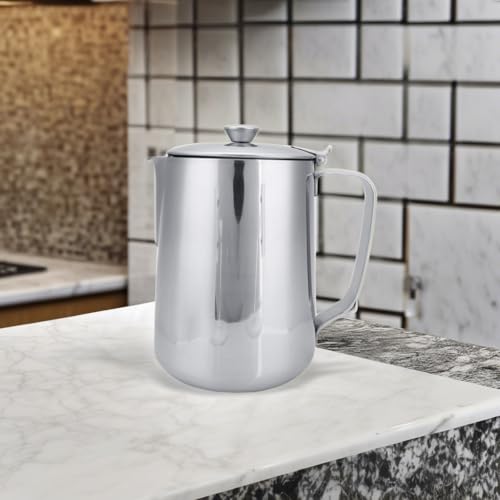 Stainless Steel Coffee Steaming Pitcher - Milk Frothing Cup with Lid for Espresso Machine - Latte Coffee Art (600mL) - size: 20.3 Ounces