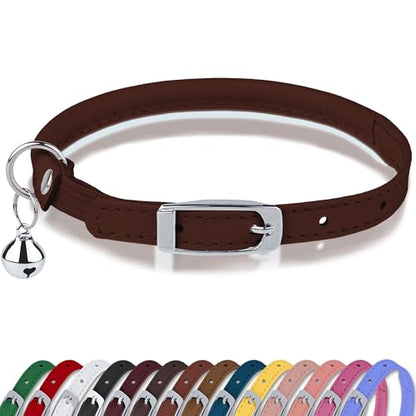 OOPSDOGGY Rolled Leather Cat Collar with Bell, Reflective Kitten Collars with Buckle Include Safety Elastic Strap - Adjustable Small Pet Collars for Boy Girl Cats (Brown) - color: Brown
