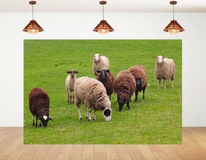17x10ft Fabric Herd Sheep Green Meadow Backdrop Mixed Wool Sheep Lush Fresh Grass Pasture Bright Overcast Sky Photography Background Tapestry Farm Animal Decorations Photo Booth Props - size: 17x10ft