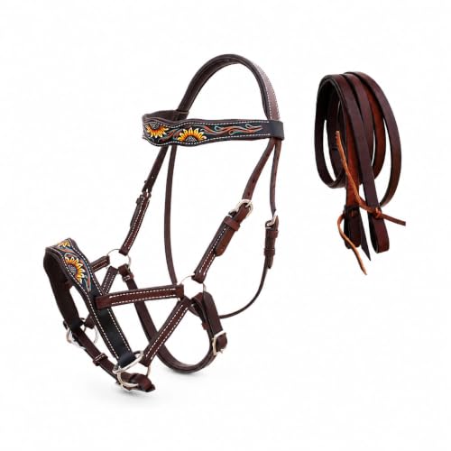 Horse Western Tan Leather Padded Bitless Training Sidepull Bridle Reins - color: Brown Sunflower Turquoise