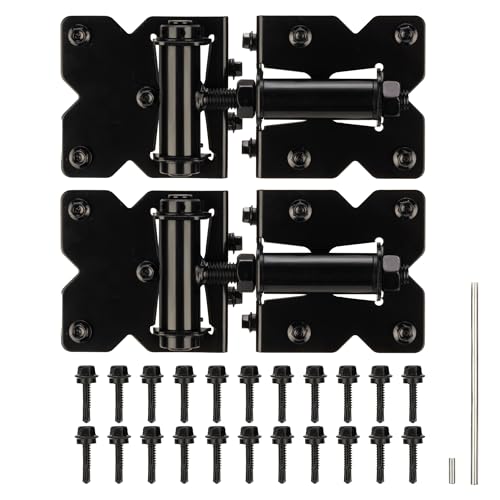 Heavy Duty Non-Weld Self Closing Gate Hinges Adjustable Hardware 2 Pack | 90 Degree Gate Hinges Kit for Wood/Vinyl/Metal/Outdoor Fence, with Self-Tapping Screws and Swing Adjuster Tool