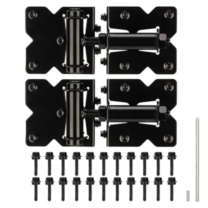 Heavy Duty Non-Weld Self Closing Gate Hinges Adjustable Hardware 2 Pack | 90 Degree Gate Hinges Kit for Wood/Vinyl/Metal/Outdoor Fence, with Self-Tapping Screws and Swing Adjuster Tool