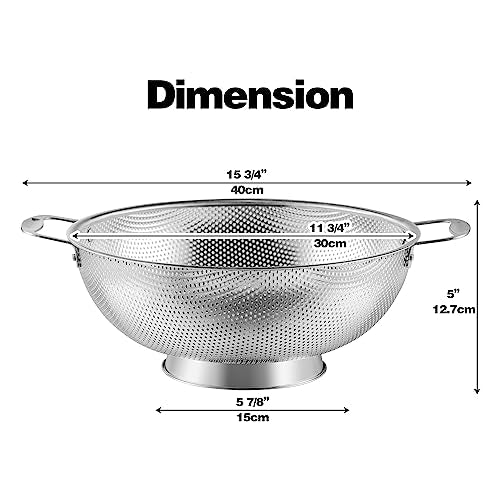 Tiawudi Large 6-Qt Colander, 18/8 Stainless Steel Mesh Strainer for Kitchen, Food Sieve with Riveted Handles and Self-draining Solid Ring Base, Great for Pasta, Rice, Vegetables and Fruits