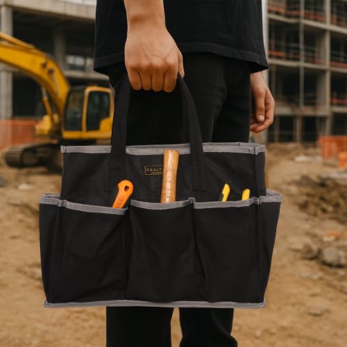 Canvas Tool Tote Bag, Heavy Duty 16oz Waxed Canvas Tool Storage Pouch with 1 Large Compartment & 10 Small Pockets | Multi-Purpose Garden Tool Bag for Horticulturists Mechanics Craftsmen – Black - color: Black