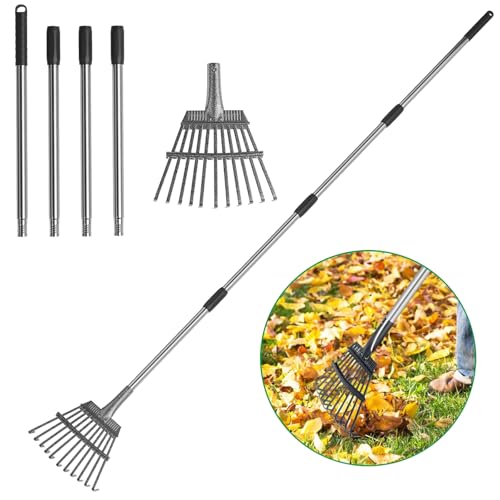 GreatBuddy Adjustable Leaf Rake, 8'' Wide Metal Rake, Perfect for Shrub, Flower Bed & Small Area, 29''- 72'' Expandable Stainless Steel Handle, Easy to Use - size: 11Tine