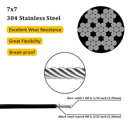 Vinyl Coated Wire Rope 304 Stainless Steel Coated Wire Cable-Black, 1/16" OD to 3/32" x 200FT, with 60 Pcs Crimping Sleeves-Cable for String Lights, Suitable for Clotheslines - size: 200FT