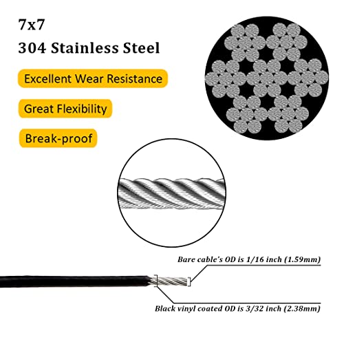 304 Stainless Steel Wire Rope Cable 3/32, Black Vinyl Coated - Outdoor Light Guide Wire for String Lights, Clotheslines - 1/16 Inch Overmolded to 3/32 Inch, 100ft - size: 100FT