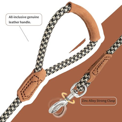 Mile High Life Dog Leash with Genuine Leather-Wrapped Ends/Handle, 4/5/6FT - color: Khaki Black, size: 48 Inch-1/2"