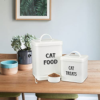 Pethiy Cat Food and Treats Containers Set with Scoop for Cats-Vintage Cream Powder-Coated Carbon Steel-Tight Fitting Lids-Storage Canister Tins-catfood-white