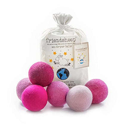Friendsheep Wool Dryer Balls, Organic Reusable Fabric Softener Alternative for Laundry, Handmade, Fair Trade, Hypoallergenic, Eco-Friendly, Plastic-Free (6 Pack XL - Pink Valentine) | Reusable fabric softener alternative Organic wool, handmade, fair trade