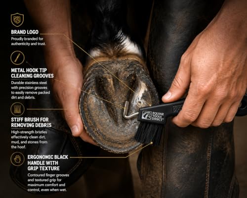 Horse Hoof Pick with Brush, Soft Touch Ergonomic Black Handle, Durable Hoof Cleaning Tool for Horses, Ponies & Farrier Hoof Care