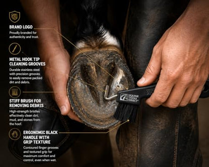 Horse Hoof Pick with Brush, Soft Touch Ergonomic Black Handle, Durable Hoof Cleaning Tool for Horses, Ponies & Farrier Hoof Care