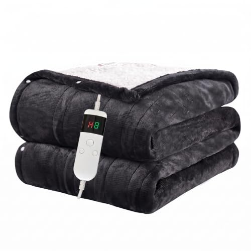 Heated Blanket Electric Throw, 50"x60" Soft Flannel Heating Blanket with 8 Hours Auto Off 10 Fast Heating Levels Machine Washable Sherpa Heated Throw Blanket with Overheating Protection - color: Black, size: Throw(50" x 60")