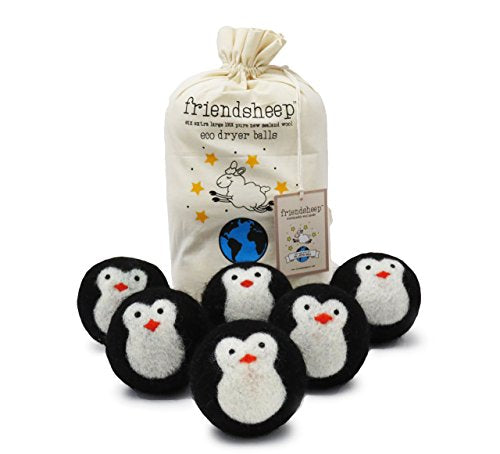 Friendsheep Wool Dryer Balls, Organic Reusable Fabric Softener Alternative for Laundry, Handmade, Fair Trade, Hypoallergenic, Eco-Friendly, Plastic-Free (6 Pack XL – Black Penguin) | Reusable fabric softener alternative Organic wool, handmade, fair trade,