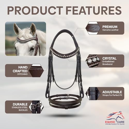 Equine Care English Horse Bridle with Reins, Padded, 6 Browband Styles | Hunter show bridles: classic fancy stitched or crystal browbands; padded crown, harness leather; bit not included - color: Havana Brown with Clear Crystals