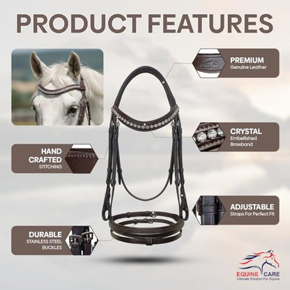 Equine Care English Horse Bridle with Reins, Padded, 6 Browband Styles | Hunter show bridles: classic fancy stitched or crystal browbands; padded crown, harness leather; bit not included - color: Havana Brown with Clear Crystals