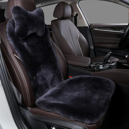 OGLAND Fuzzy Sheepskin Car Seat Cover for Soft Fur Genuine Wool Cushion - color: Carbon Black