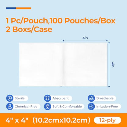 200 Packs Sterile Gauze Pads 4x4 Inch 12-Ply, 100% Cotton Large Gauze Sponges for Wound Care, Highly Absorbent Bulk Hospital-Grade First Aid & Surgical Dressing - size: 4"x4" (Pack of 200)