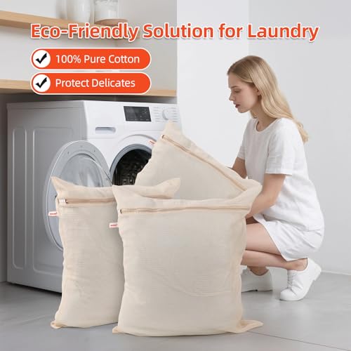 MADIKA 100% Pure Cotton Mesh Laundry Bags Large, Premium Soft, No Dye, Natural, Set of 3(XXL) - size: XX-Large