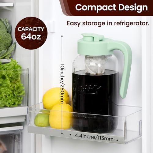 Cold Brew Coffee Maker Glass, 64 oz Mason Jar Pitcher | Airtight, Leakproof, Fridge Safe, Dishwasher Safety, Ergonomic Handle, Pour Spout Lid, for Iced Coffee, Lemonade, Ice Tea - color: Green, size: 64 Ounces