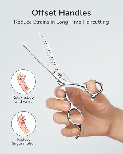 ULG Hair Thinning Scissors 6.7” Shark Series 100% Japanese Stainless Steel, Offset Handle, 16-Tooth Fishbone Chunker 45% Hair Removal, Professional Barber Layering Shears for Salon & Home Hair Styling - color: Blue01