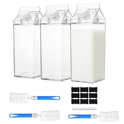 3 Pcs 64 Oz Large Clear Milk Carton Container with Brushes Labels and Pen Square Plastic Milk Water Bottle for Outdoor Camping or Climbing Tour